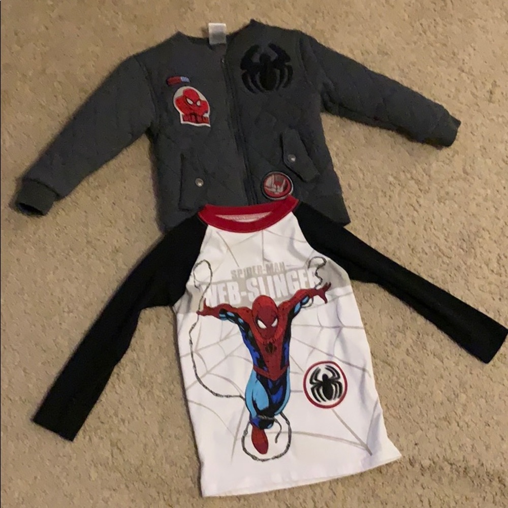 Thick spider man jacket with matching shirt.
